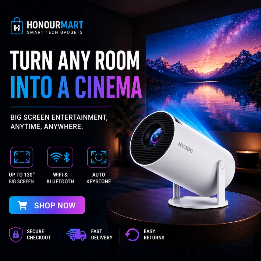 HY300 Smart Projector – Portable Home Cinema with WIFI & Bluetooth
